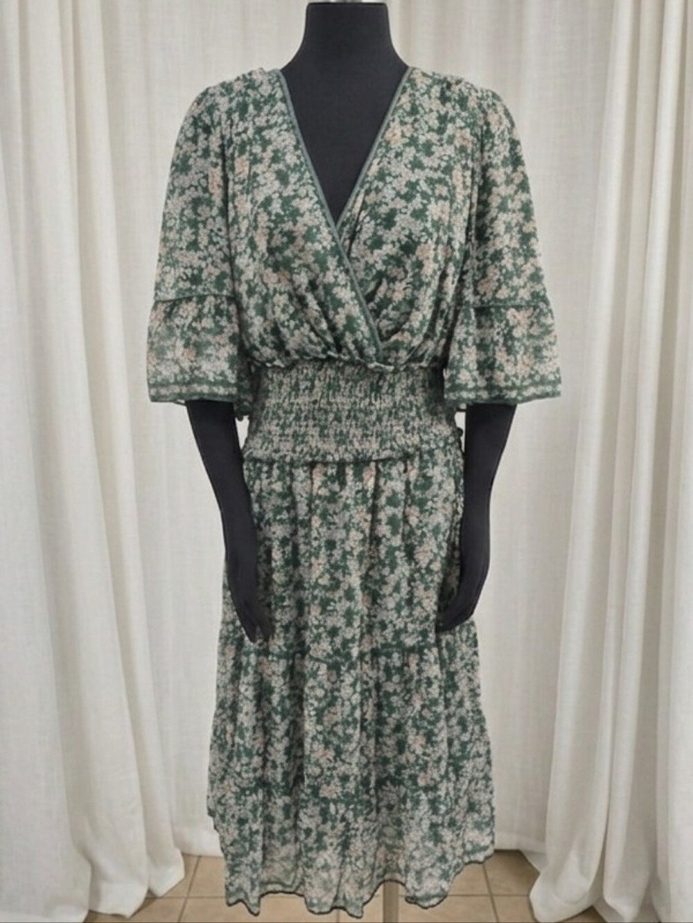 Max Studio Forest Green Floral Wrap Midi Dress